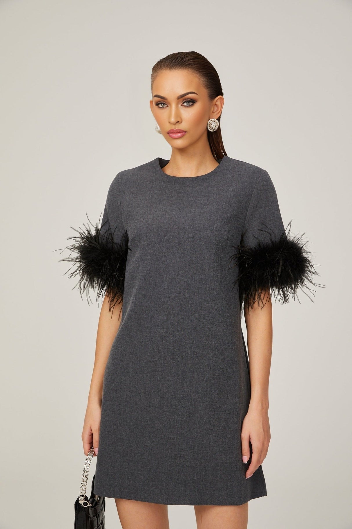 Savina Mini Dress Grey Feather Trim