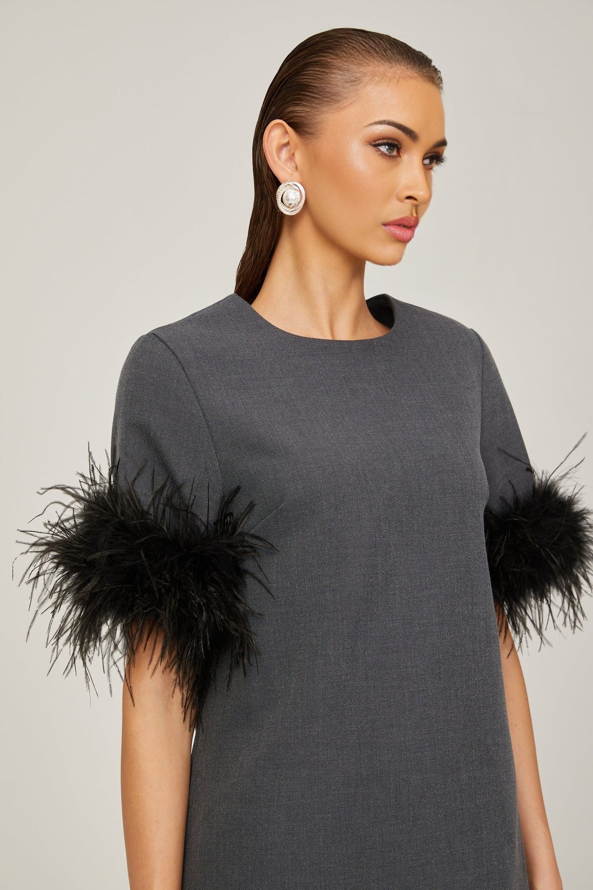 Savina Mini Dress Grey Feather Trim