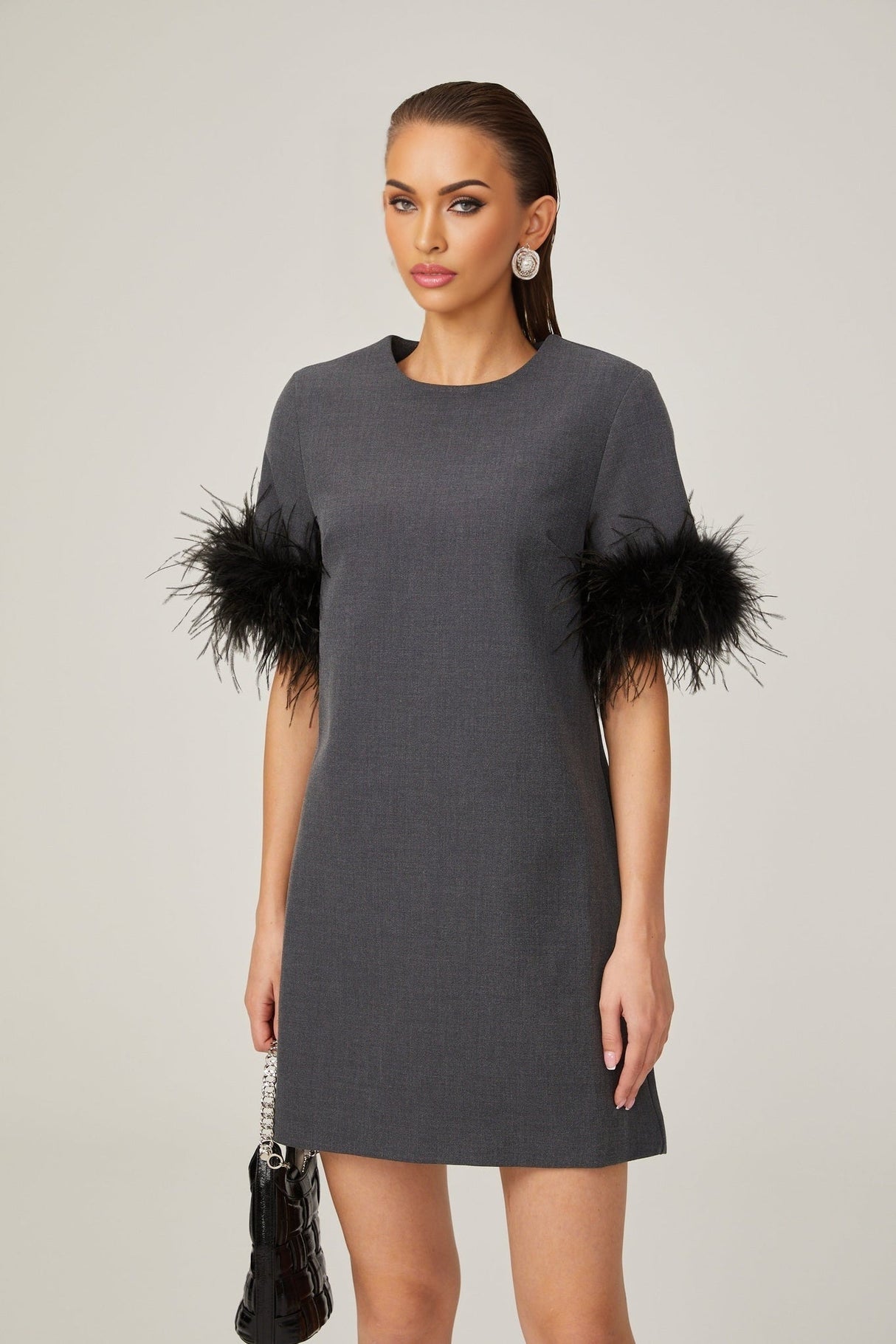 Savina Mini Dress Grey Feather Trim