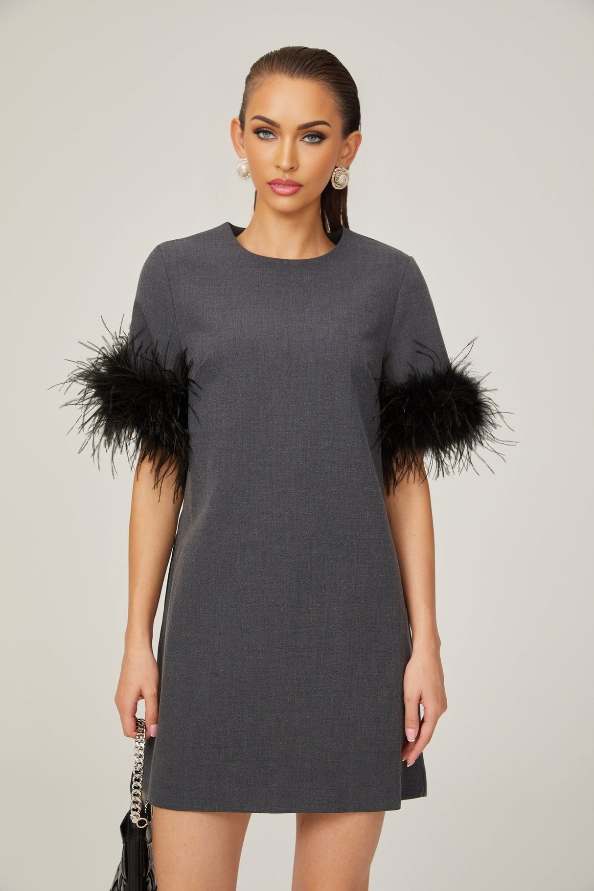 Savina Mini Dress Grey Feather Trim