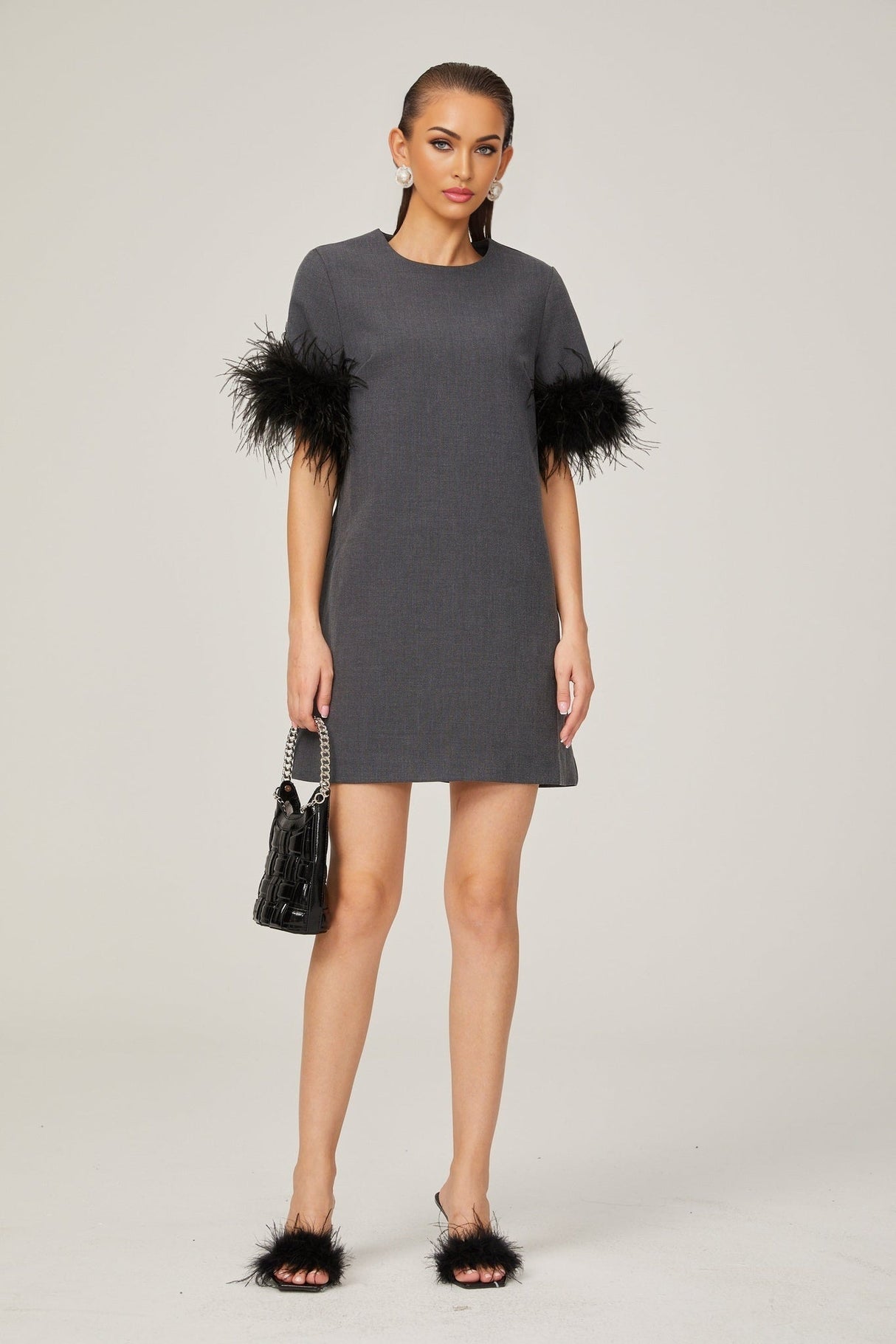 Savina Mini Dress Grey Feather Trim