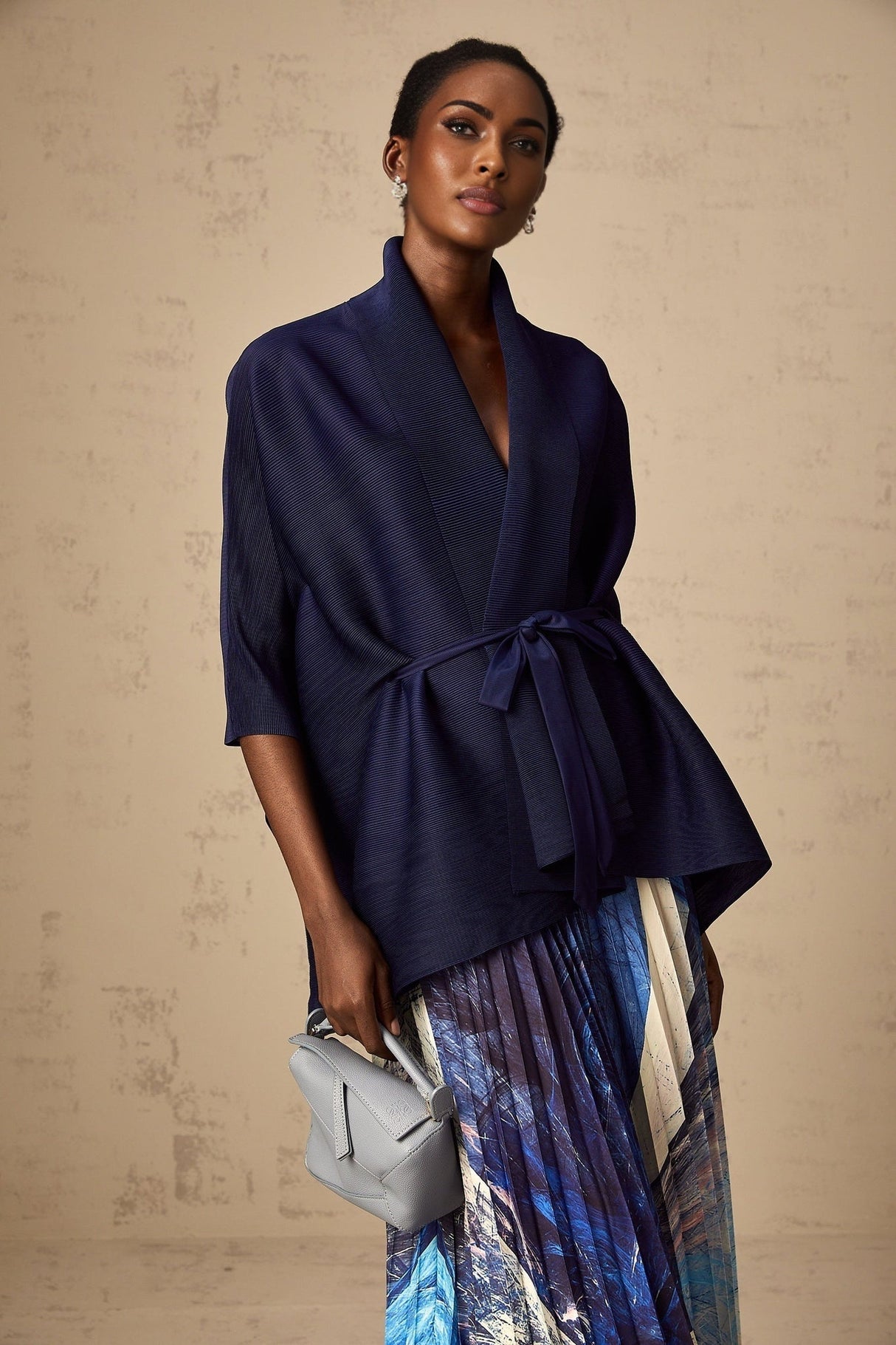 Savina Top & Dress Blue Pattern Creased Cape Matching Set