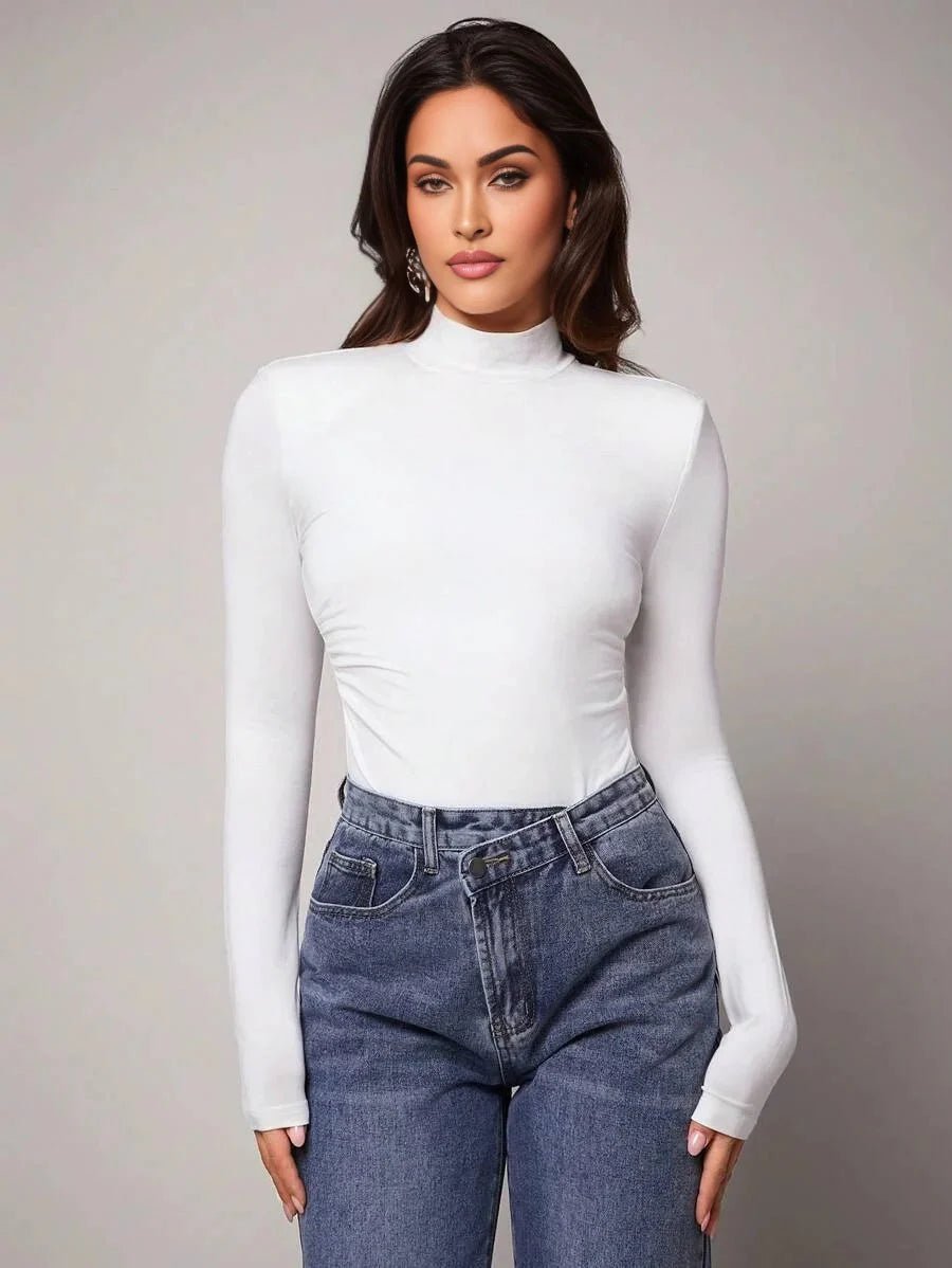 Scarlett Bodysuit - High Stretch Fabric Elasticity - Slim Fit Type - Long Sleeve Length - Casual Style - Stand Collar Neckline - Premium Quality