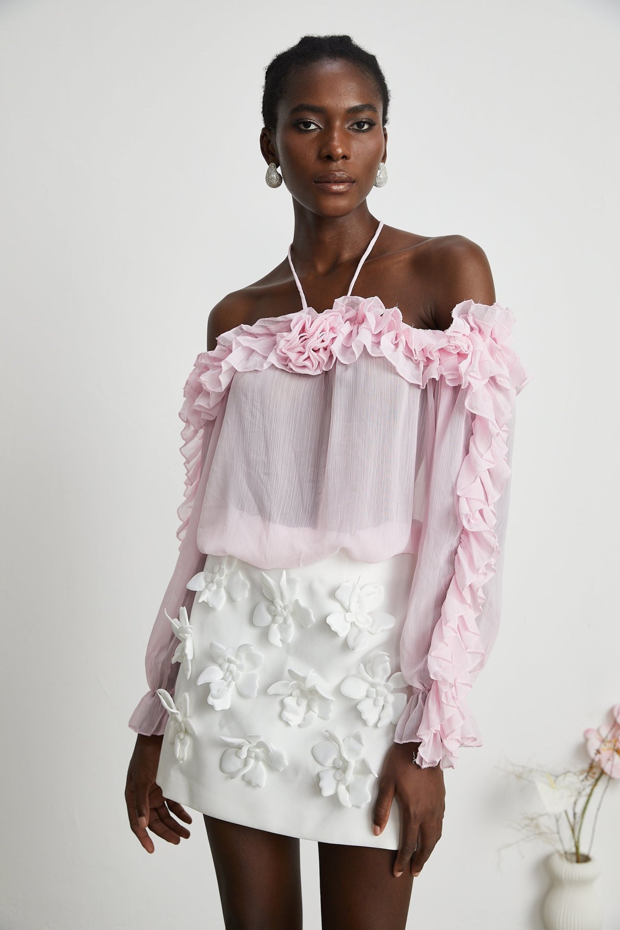 Selena Top Pink Strapless Halterneck Floral Applique