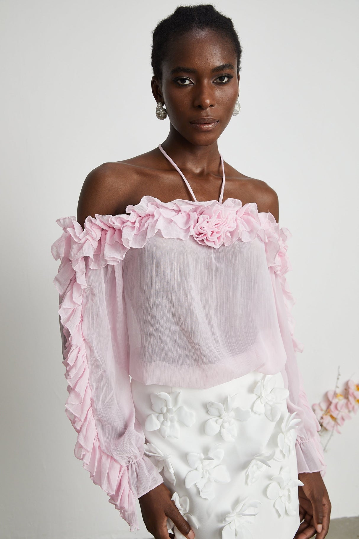 Selena Top Pink Strapless Halterneck Floral Applique