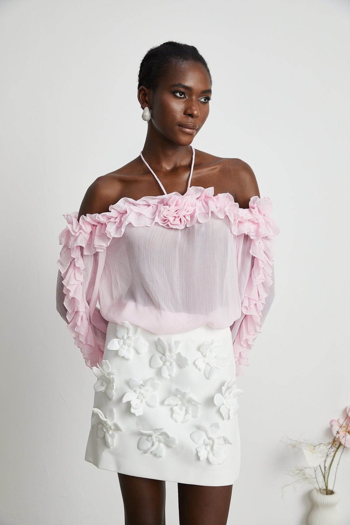 Selena Top Pink Strapless Halterneck Floral Applique