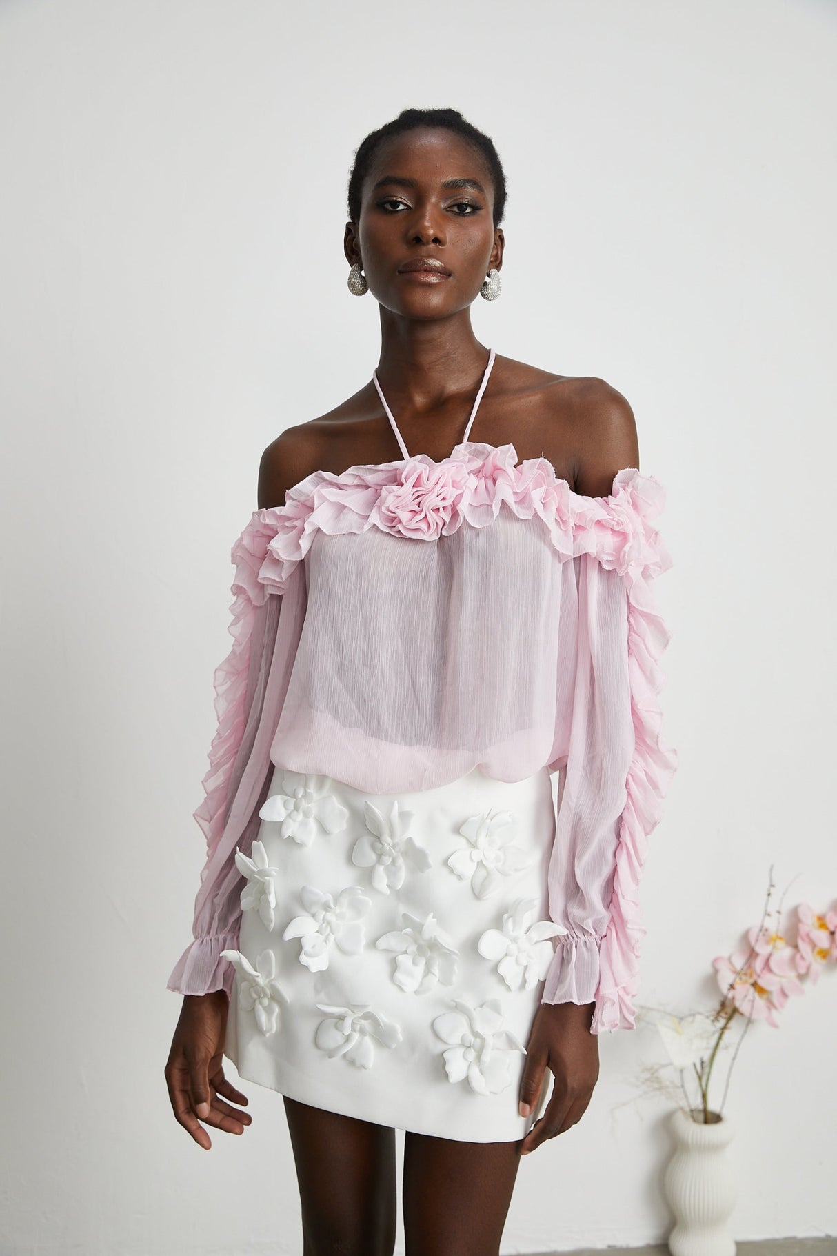 Selena Top Pink Strapless Halterneck Floral Applique