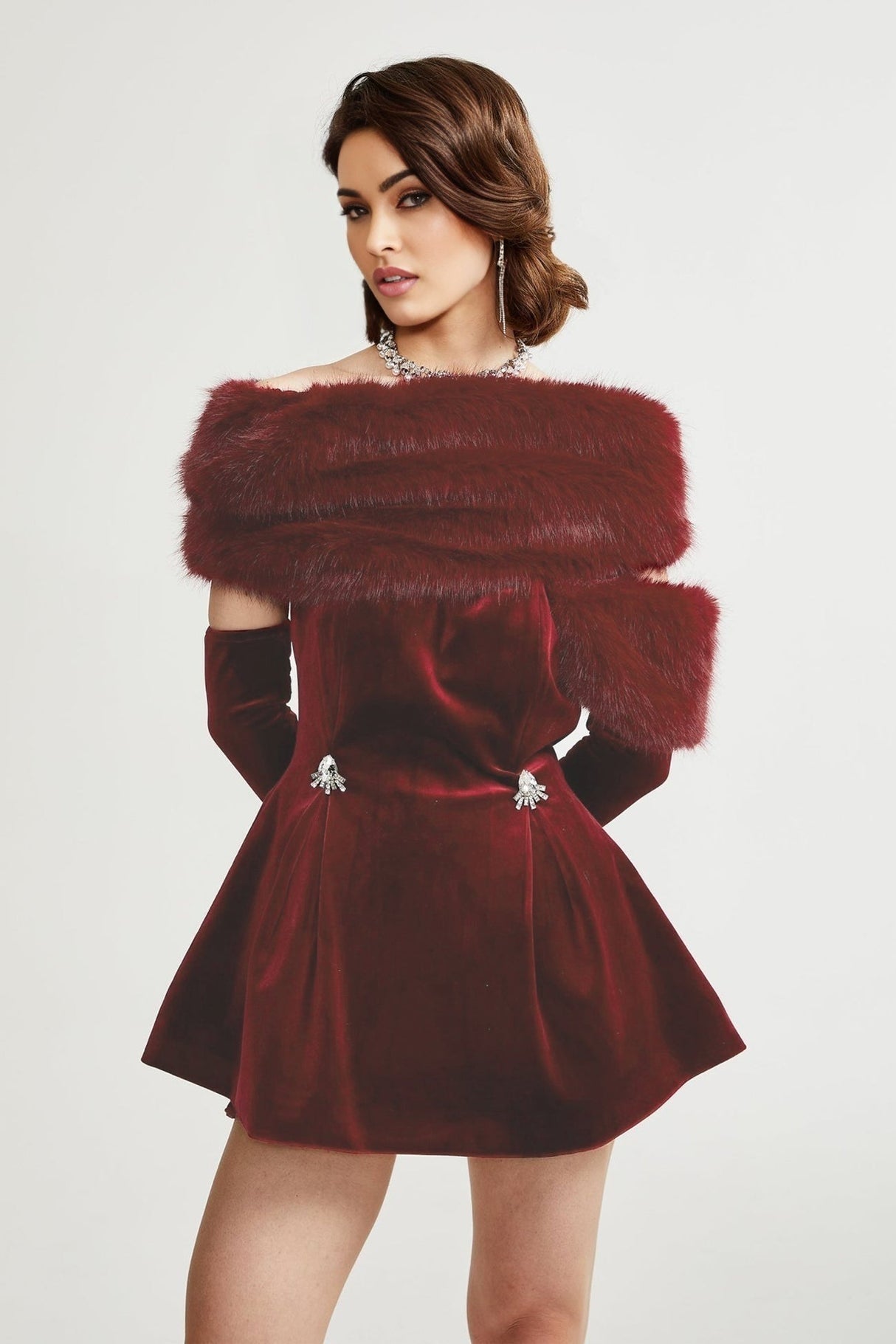 Selena Velvet Strapless Mini Dress With Faux Fur Collar