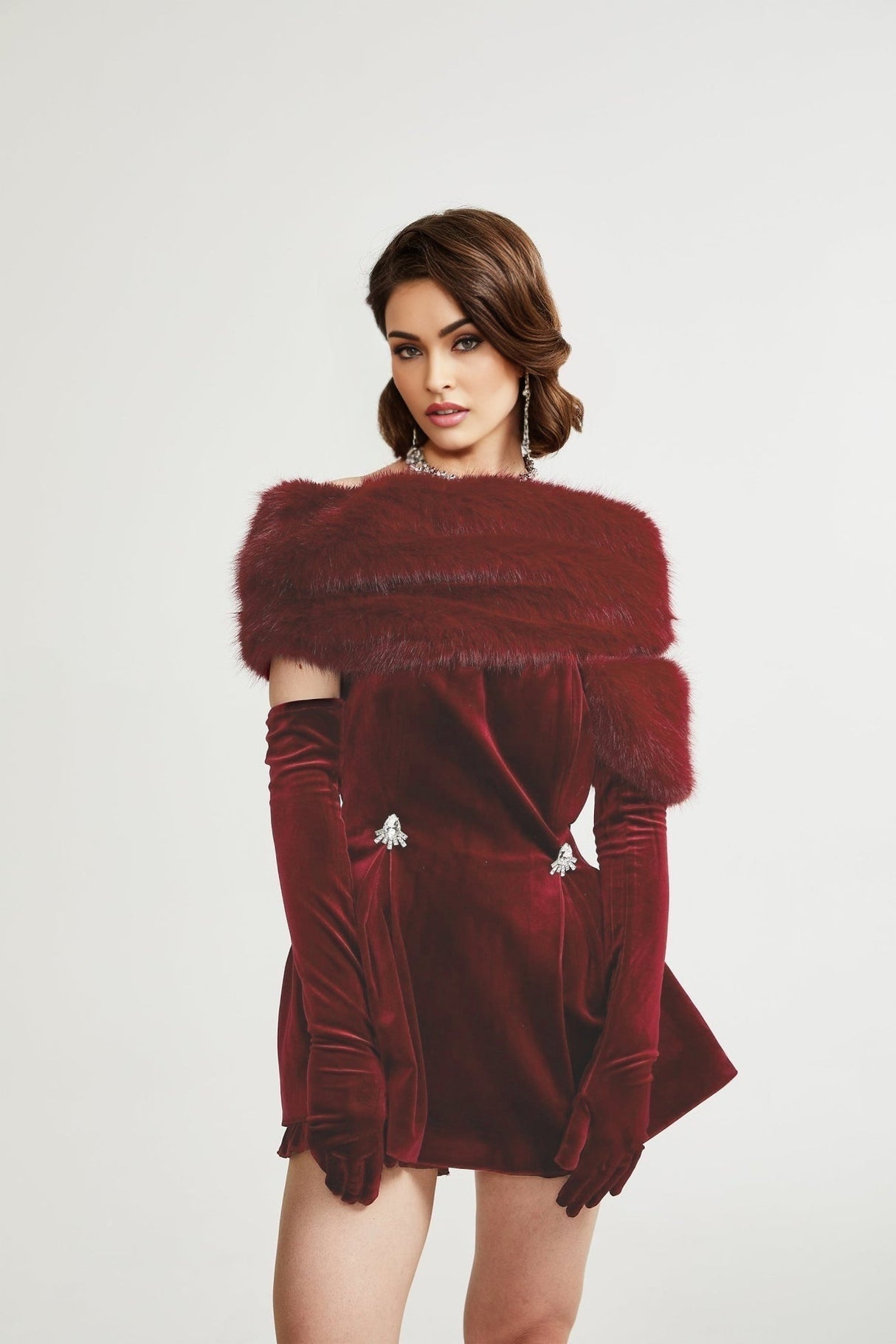 Selena Velvet Strapless Mini Dress With Faux Fur Collar