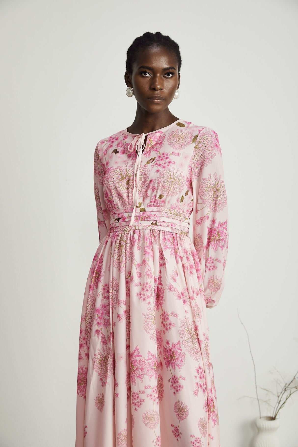 Serafina Floral Midi Dress in Striking Pink with Round - Neck & Puff Sleeves