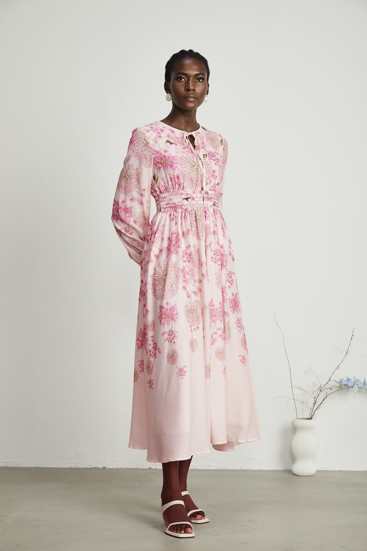 Serafina Floral Midi Dress in Striking Pink with Round - Neck & Puff Sleeves