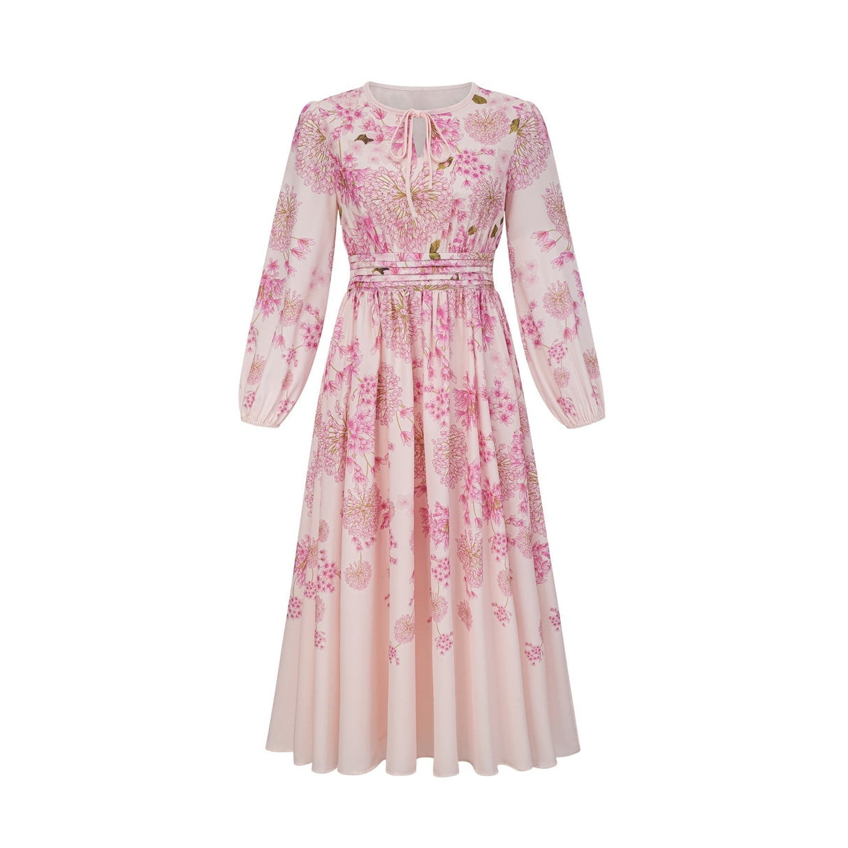 Serafina Floral Midi Dress in Striking Pink with Round - Neck & Puff Sleeves