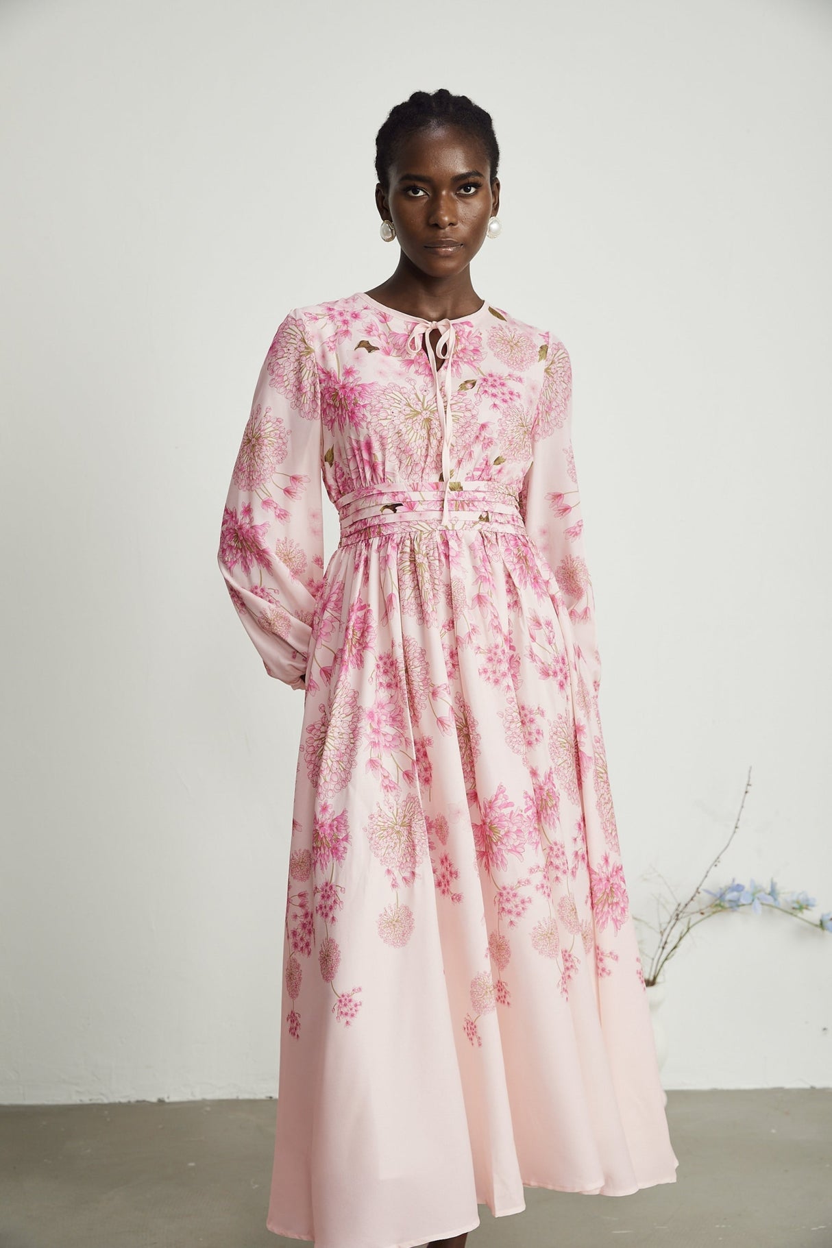 Serafina Floral Midi Dress in Striking Pink with Round - Neck & Puff Sleeves