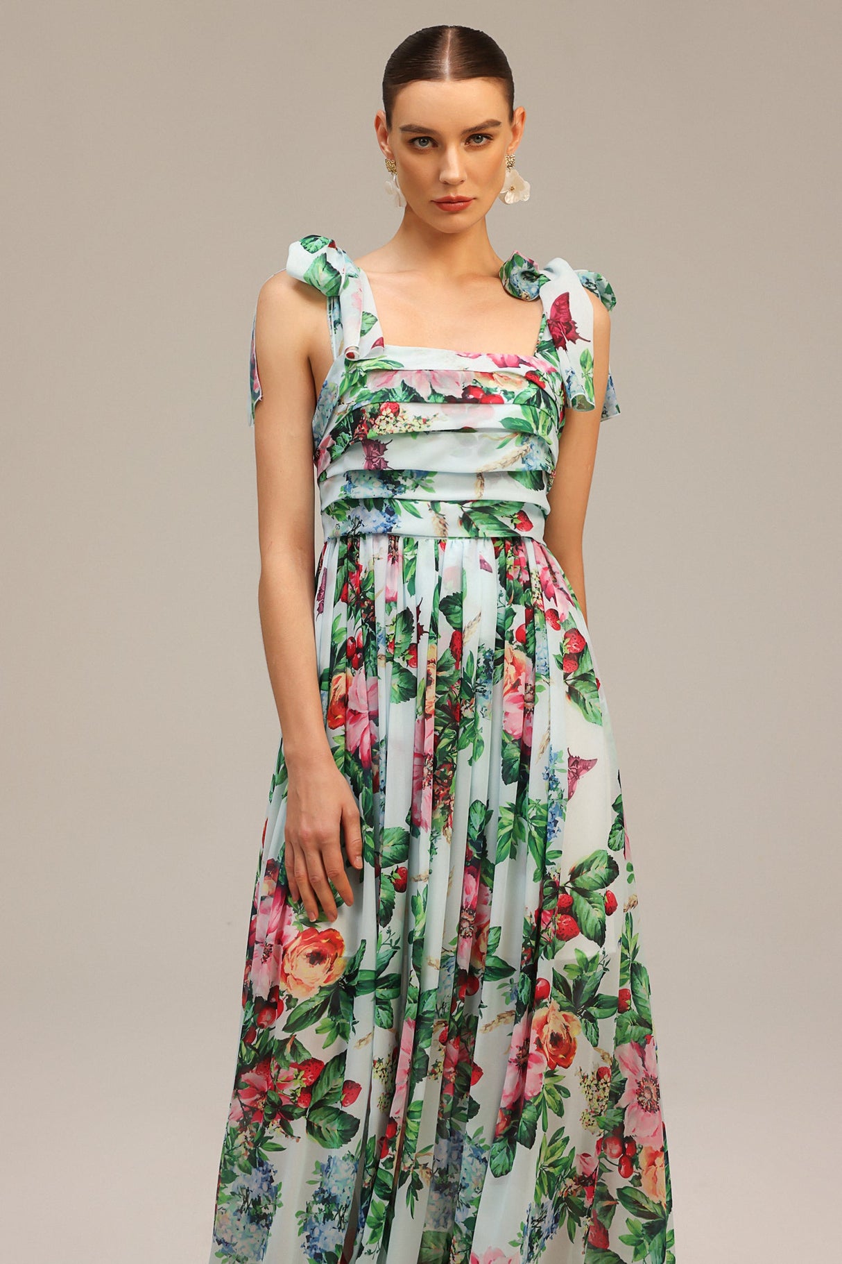 Serafina Green Floral Maxi Dress with Bowknot Detail