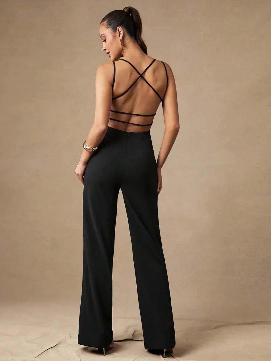 Serafina Jumpsuit - High Stretch Fabric Elasticity - Regular Fit - Long Length - Sleeveless - Refined Style - V Neckline - Backless, Criss Cross