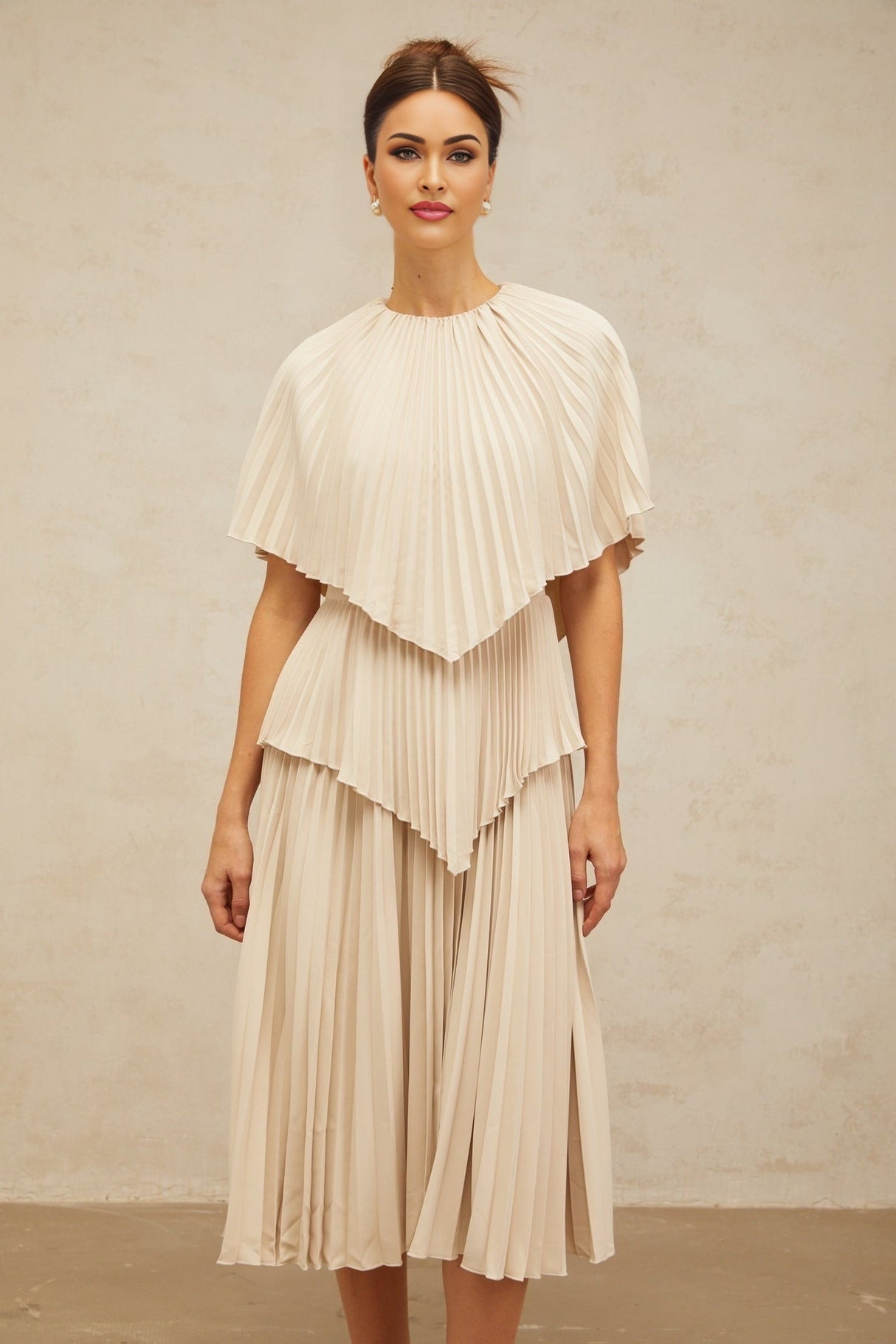 Serafina Midi Dress in Neutrals Crew Neck Batwing Pleated Cape Zip Calf Length