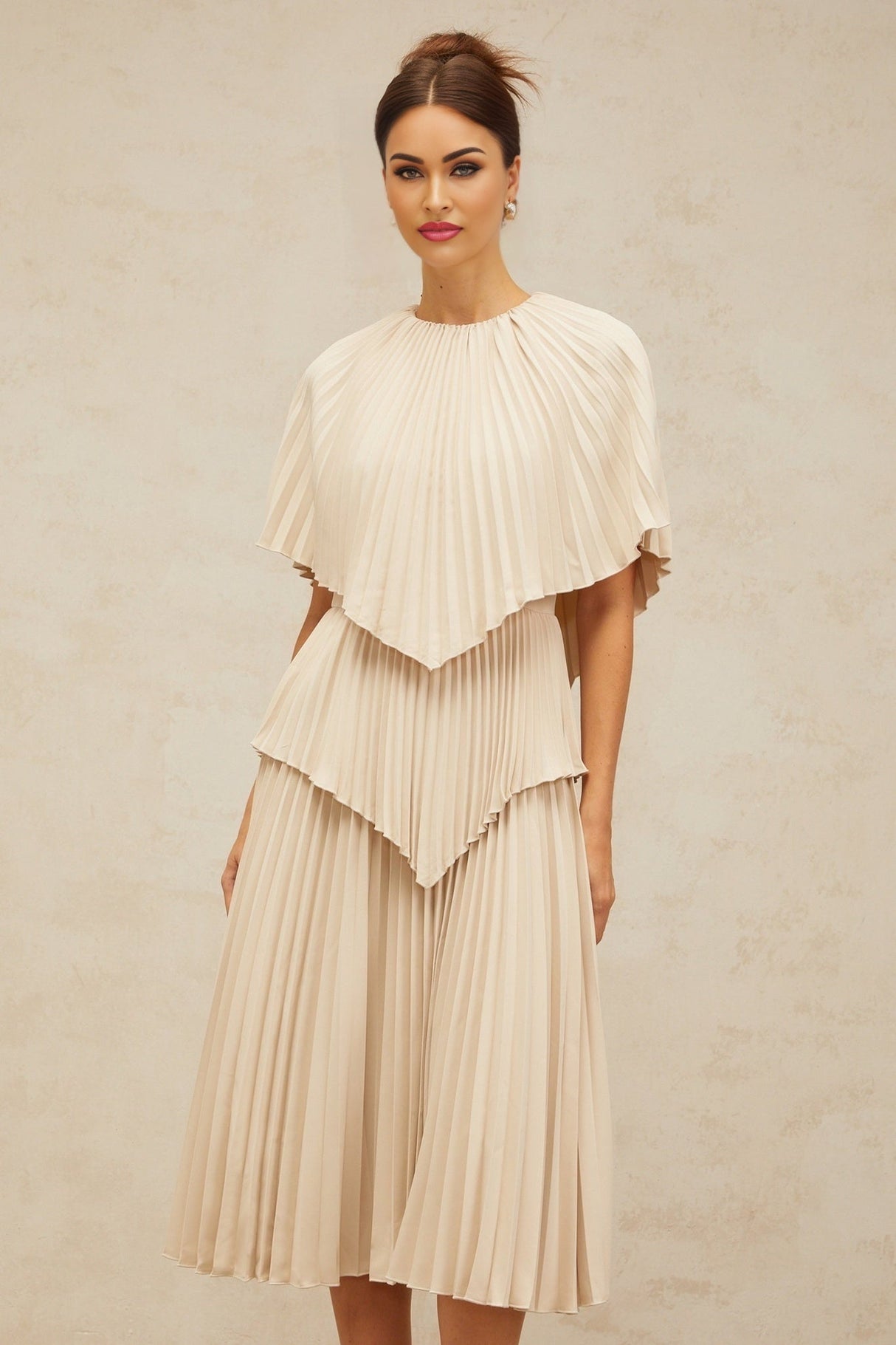 Serafina Midi Dress in Neutrals Crew Neck Batwing Pleated Cape Zip Calf Length