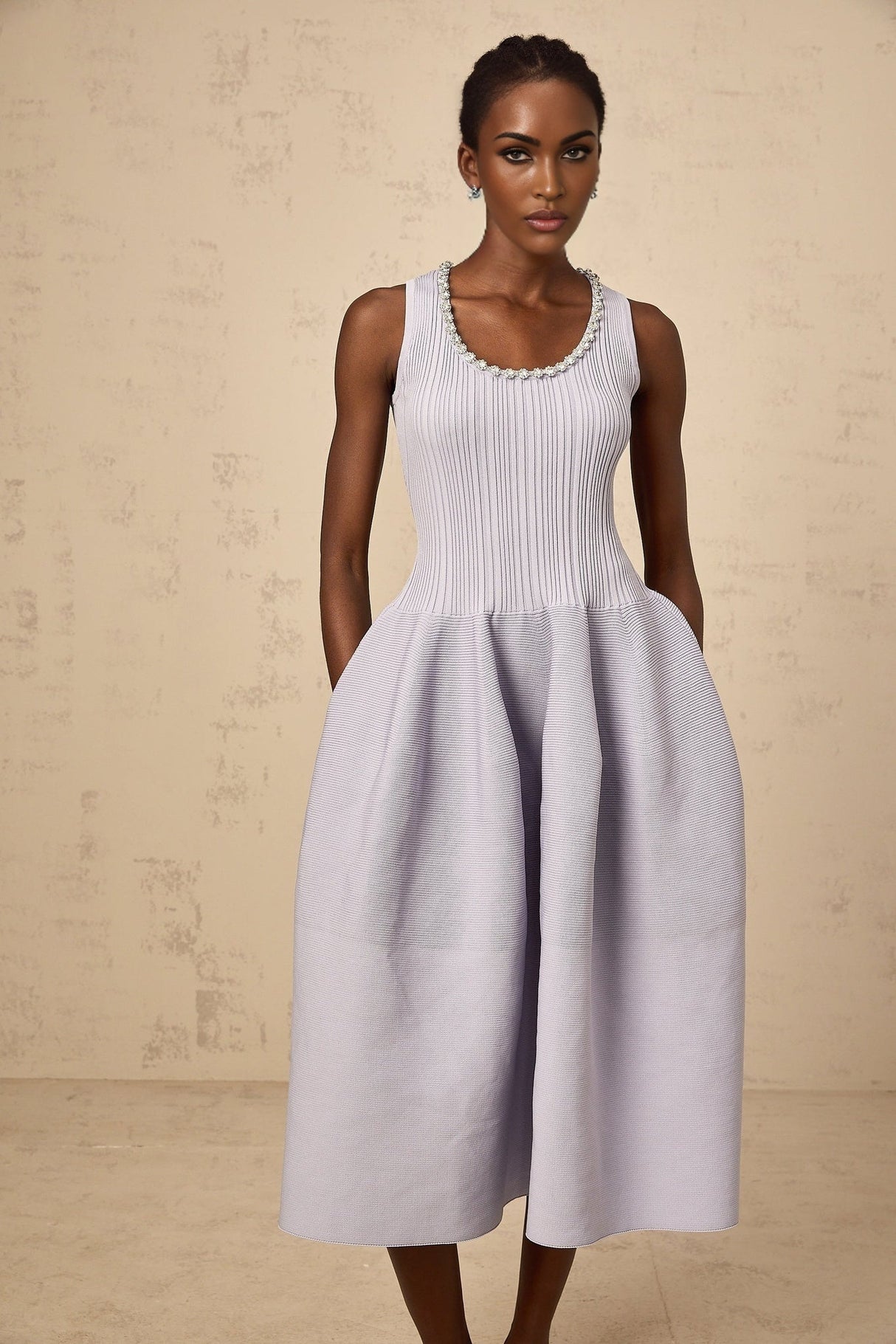 Serafina Midi Dress Purple Ribbed Knit Crystal Embellishment