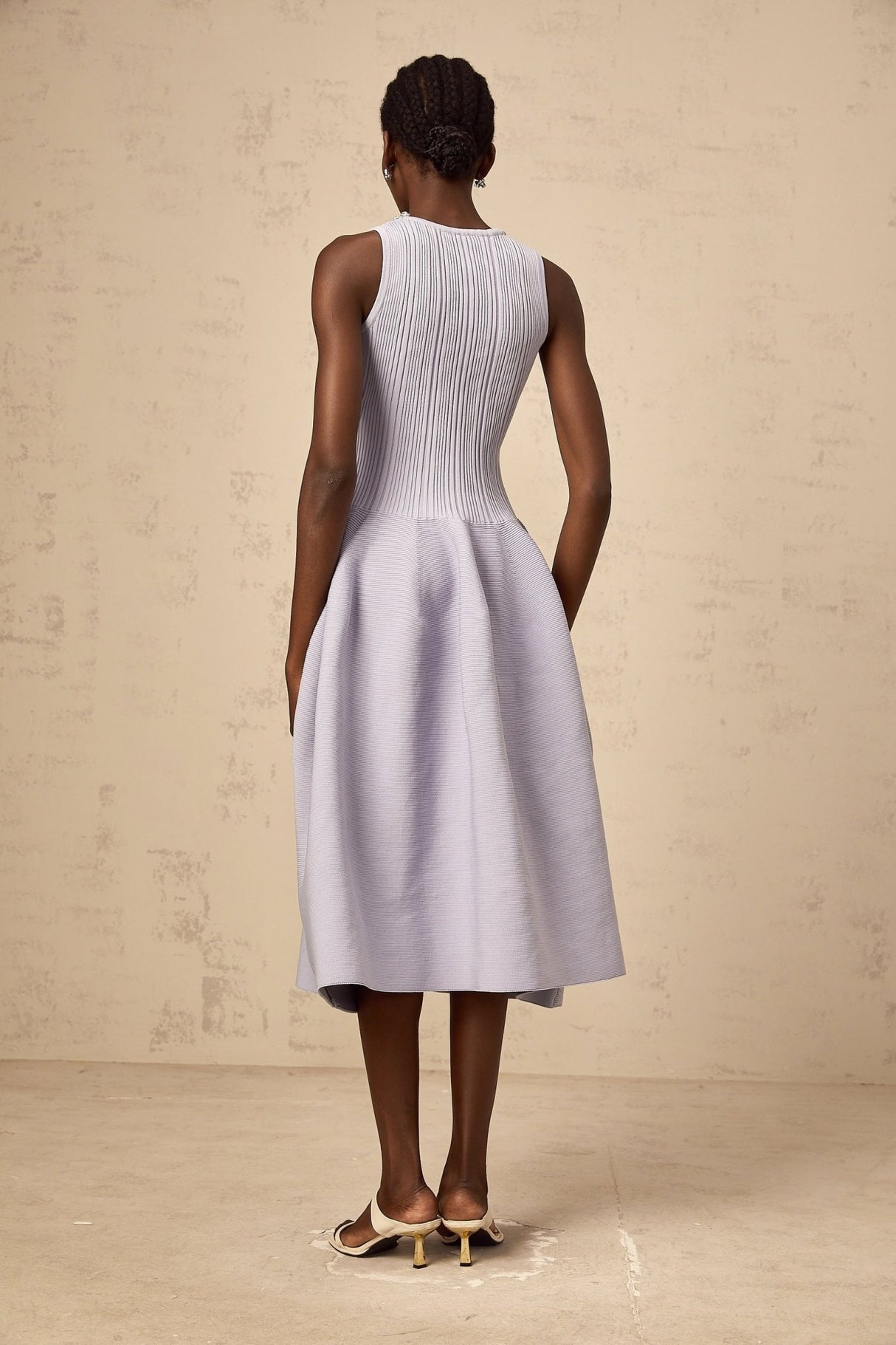 Serafina Midi Dress Purple Ribbed Knit Crystal Embellishment