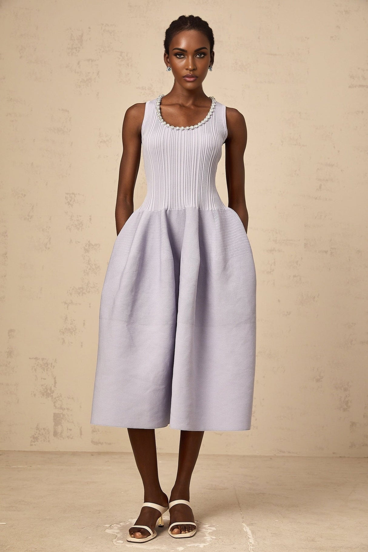 Serafina Midi Dress Purple Ribbed Knit Crystal Embellishment