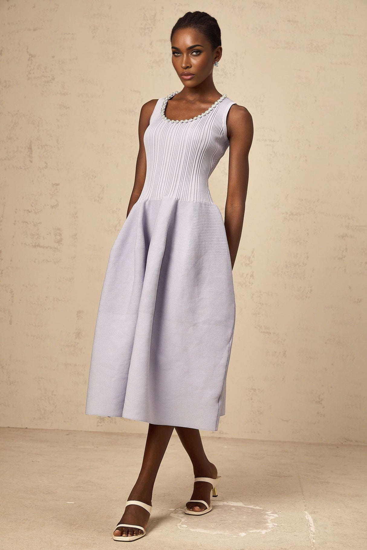 Serafina Midi Dress Purple Ribbed Knit Crystal Embellishment