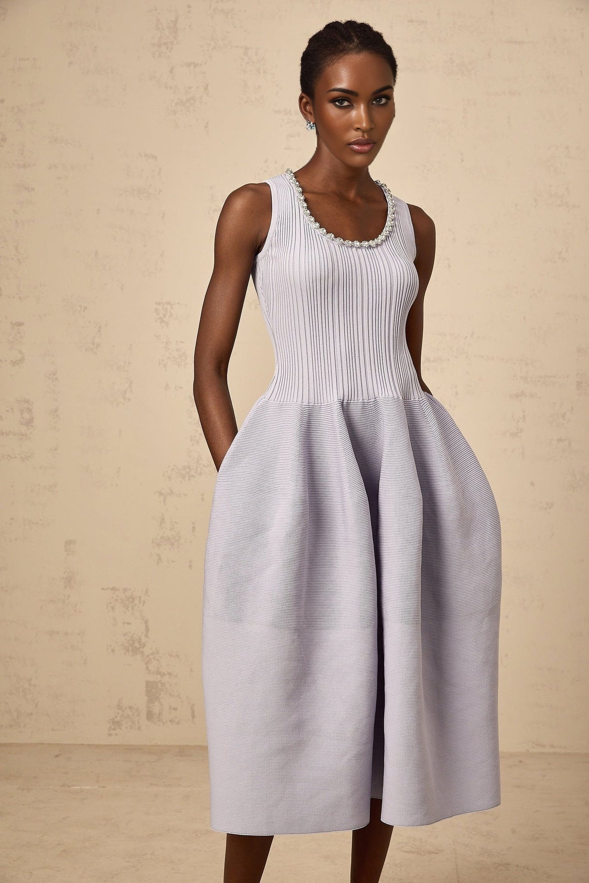 Serafina Midi Dress Purple Ribbed Knit Crystal Embellishment