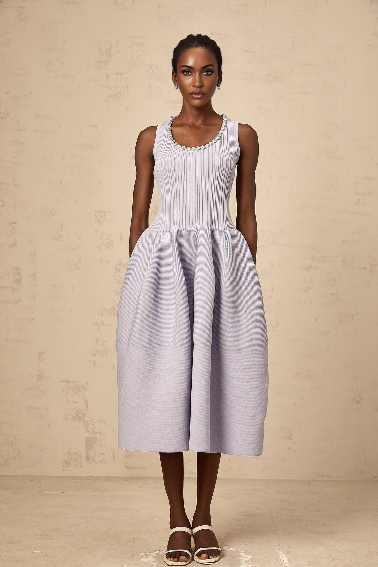 Serafina Midi Dress Purple Ribbed Knit Crystal Embellishment