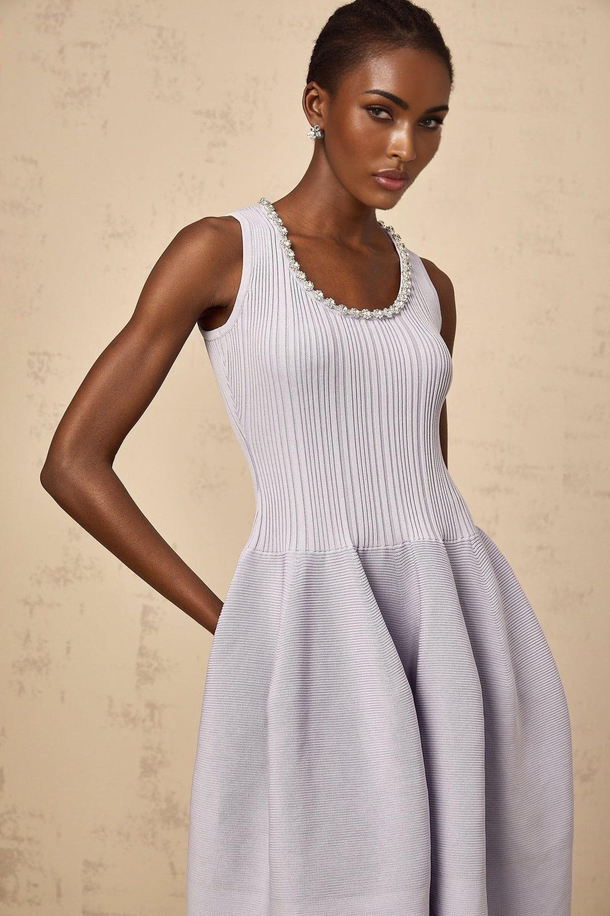 Serafina Midi Dress Purple Ribbed Knit Crystal Embellishment