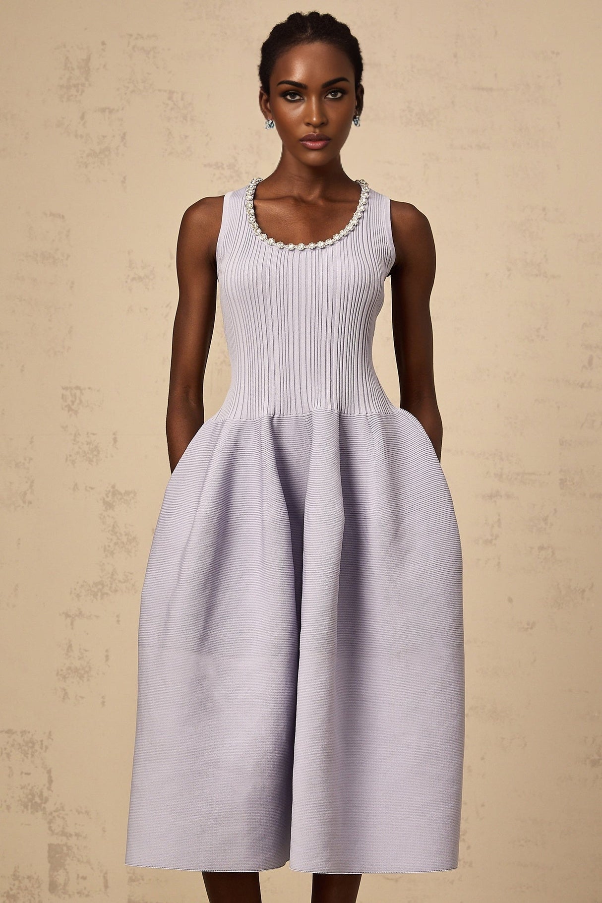 Serafina Midi Dress Purple Ribbed Knit Crystal Embellishment