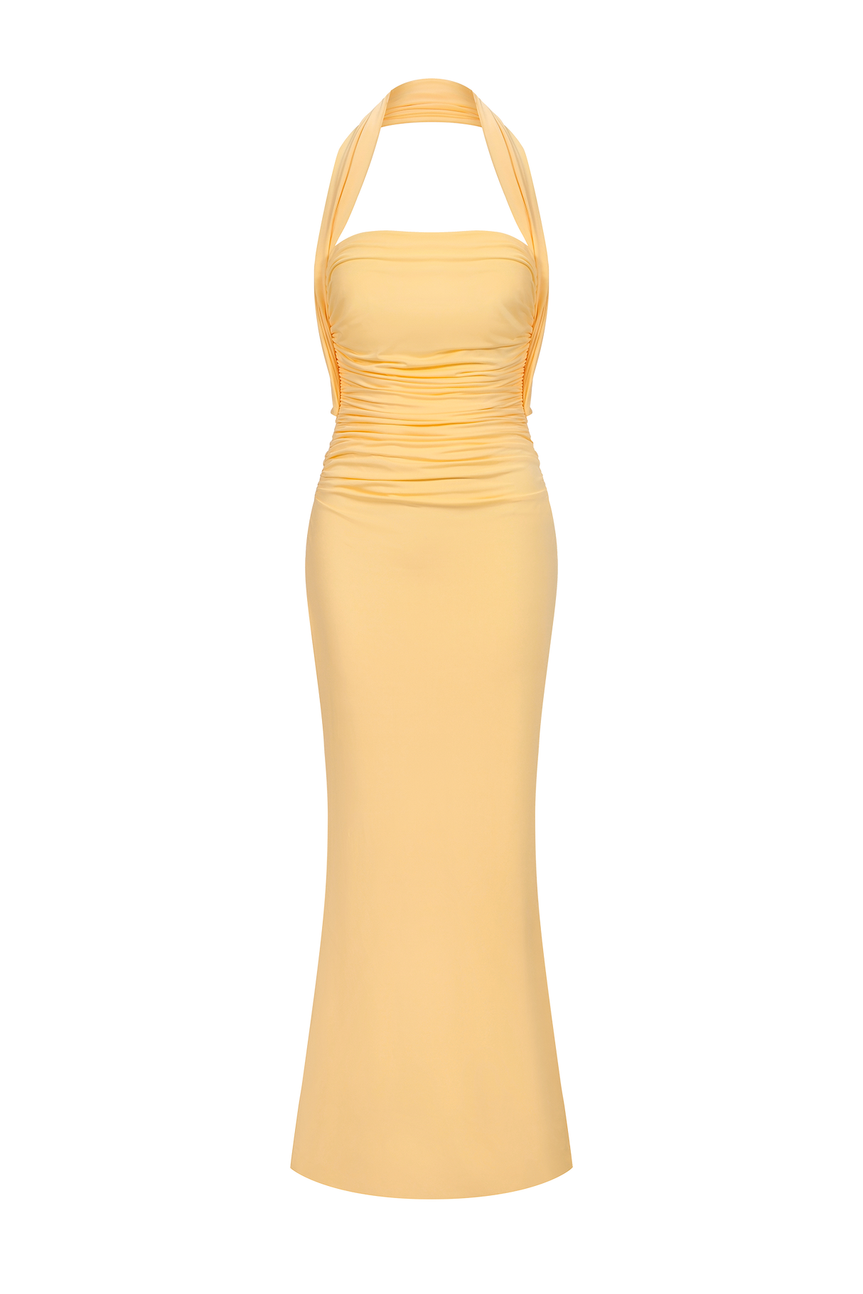 Serafina Yellow Strapless Ruched Backless Maxi Dress