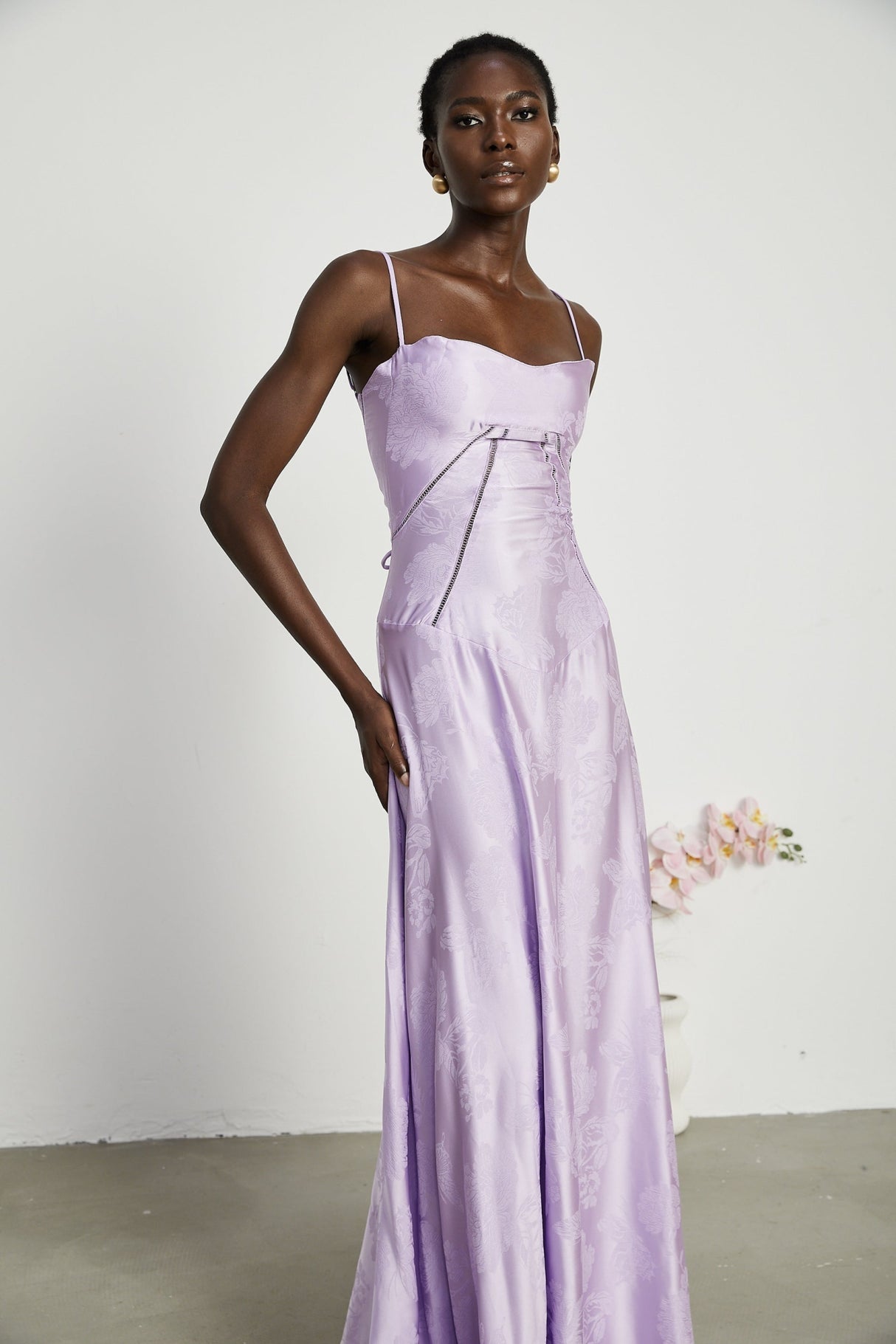 Seraphina Purple Jacquard Maxi Dress with Spaghetti Straps