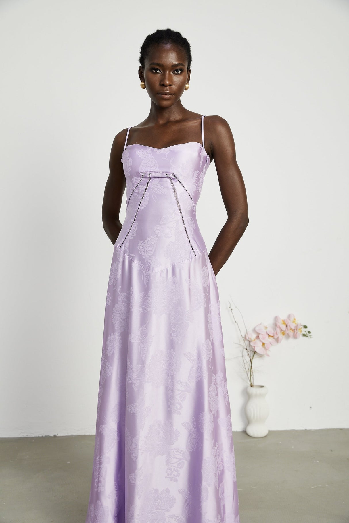 Seraphina Purple Jacquard Maxi Dress with Spaghetti Straps