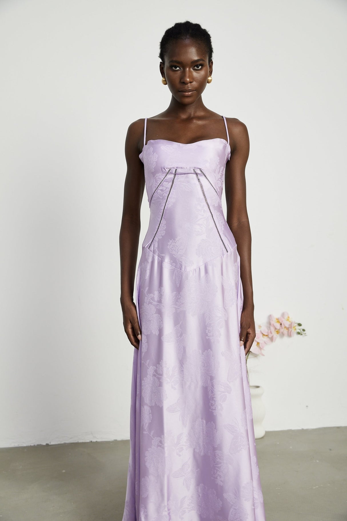 Seraphina Purple Jacquard Maxi Dress with Spaghetti Straps