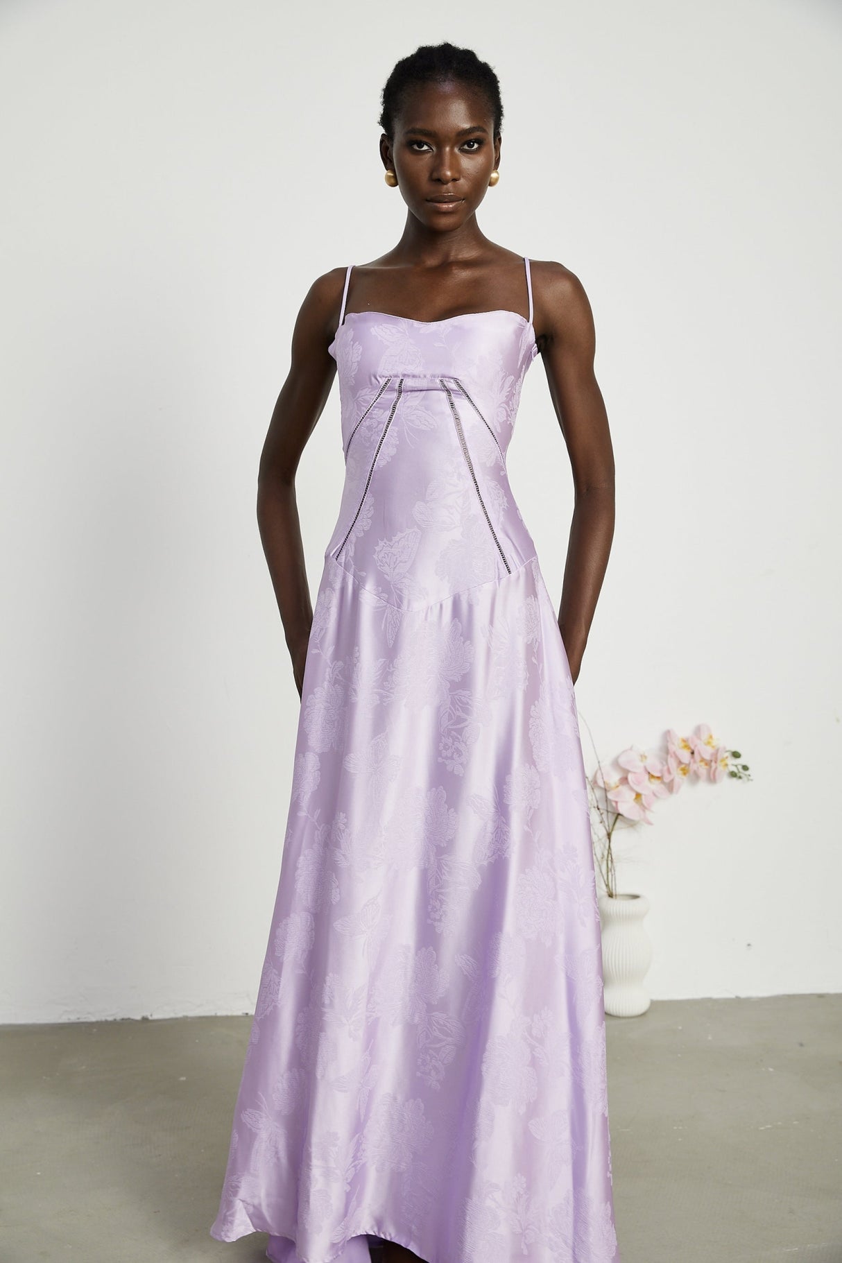 Seraphina Purple Jacquard Maxi Dress with Spaghetti Straps