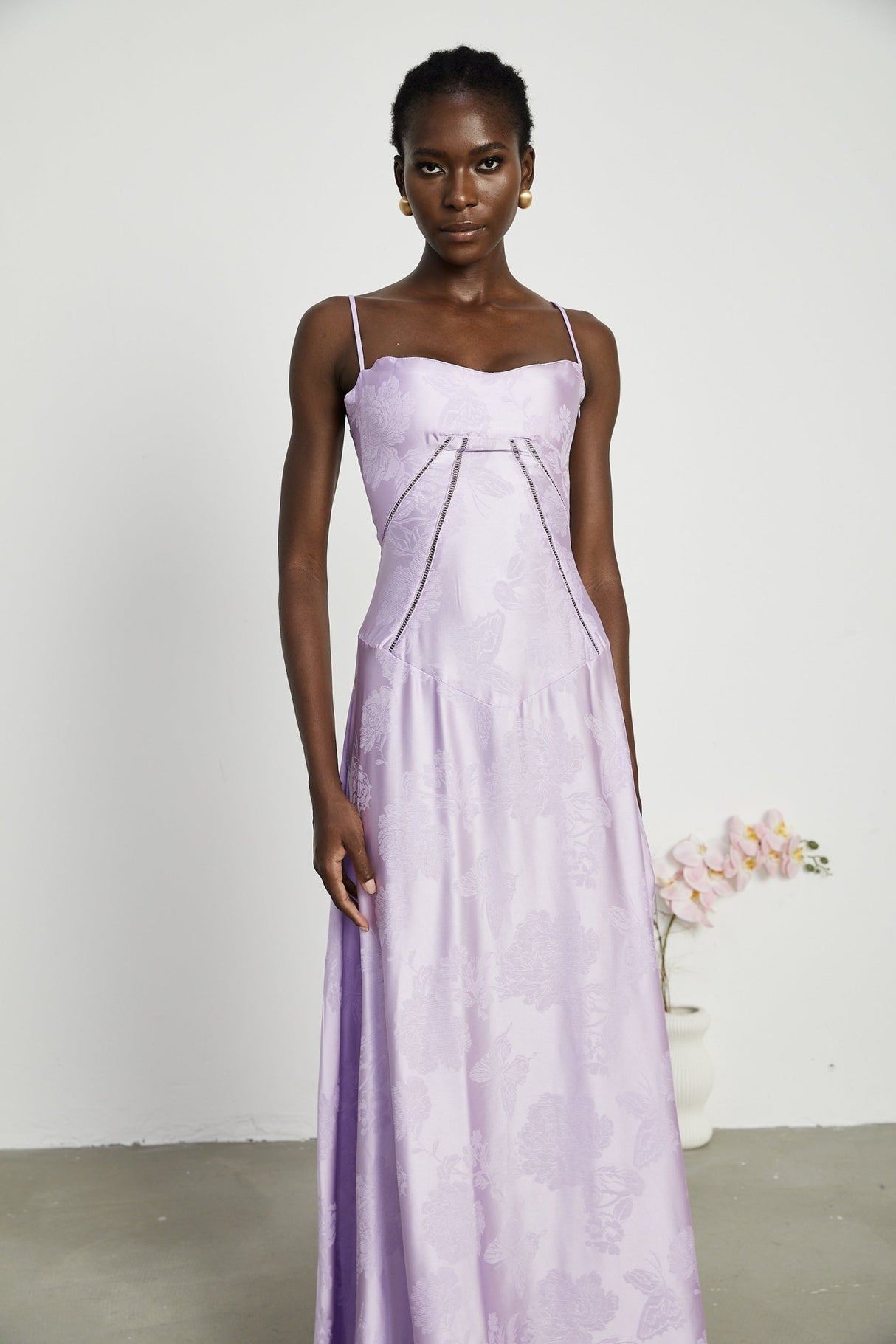 Seraphina Purple Jacquard Maxi Dress with Spaghetti Straps