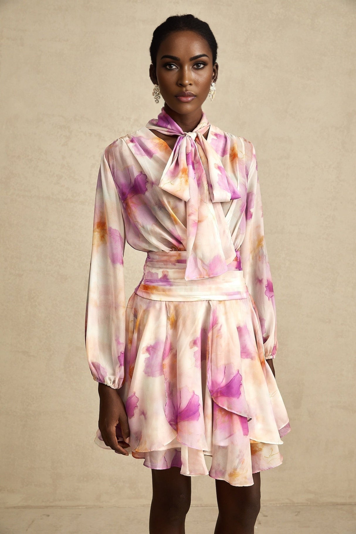 Serena Mini Dress Pink Floral Ruffle VNeck Hem