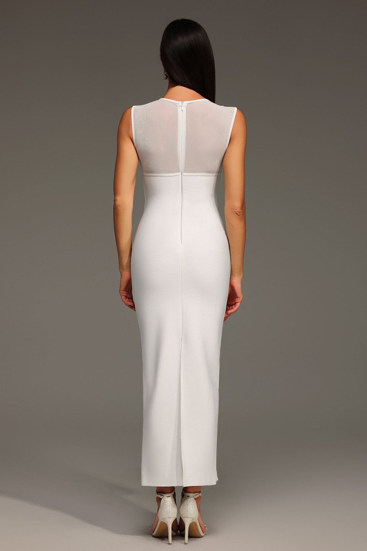Serena White Sheer Tulle Panel Evening Dress