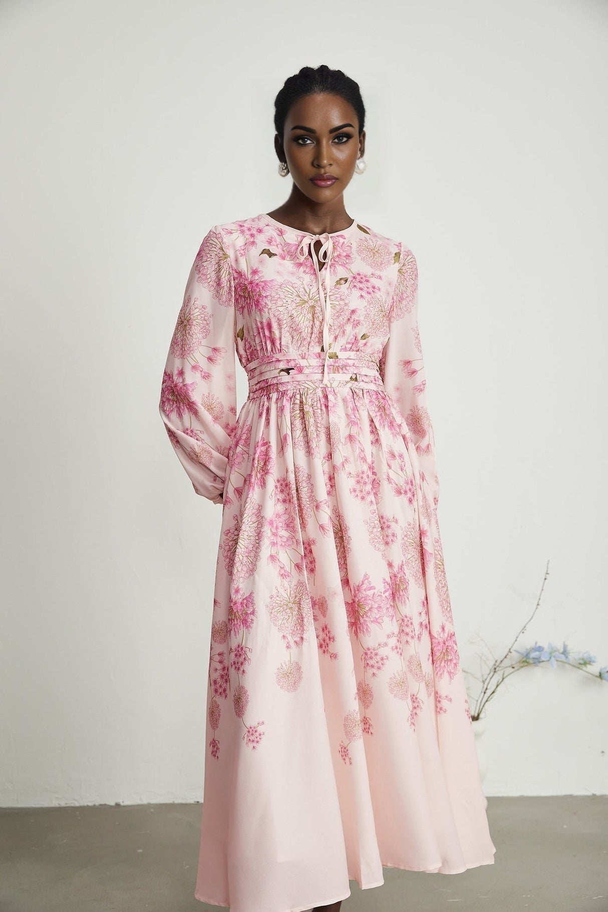 Serenity Floral Midi Dress - Pink Round Neck Long Puff Sleeves Pleated Detail