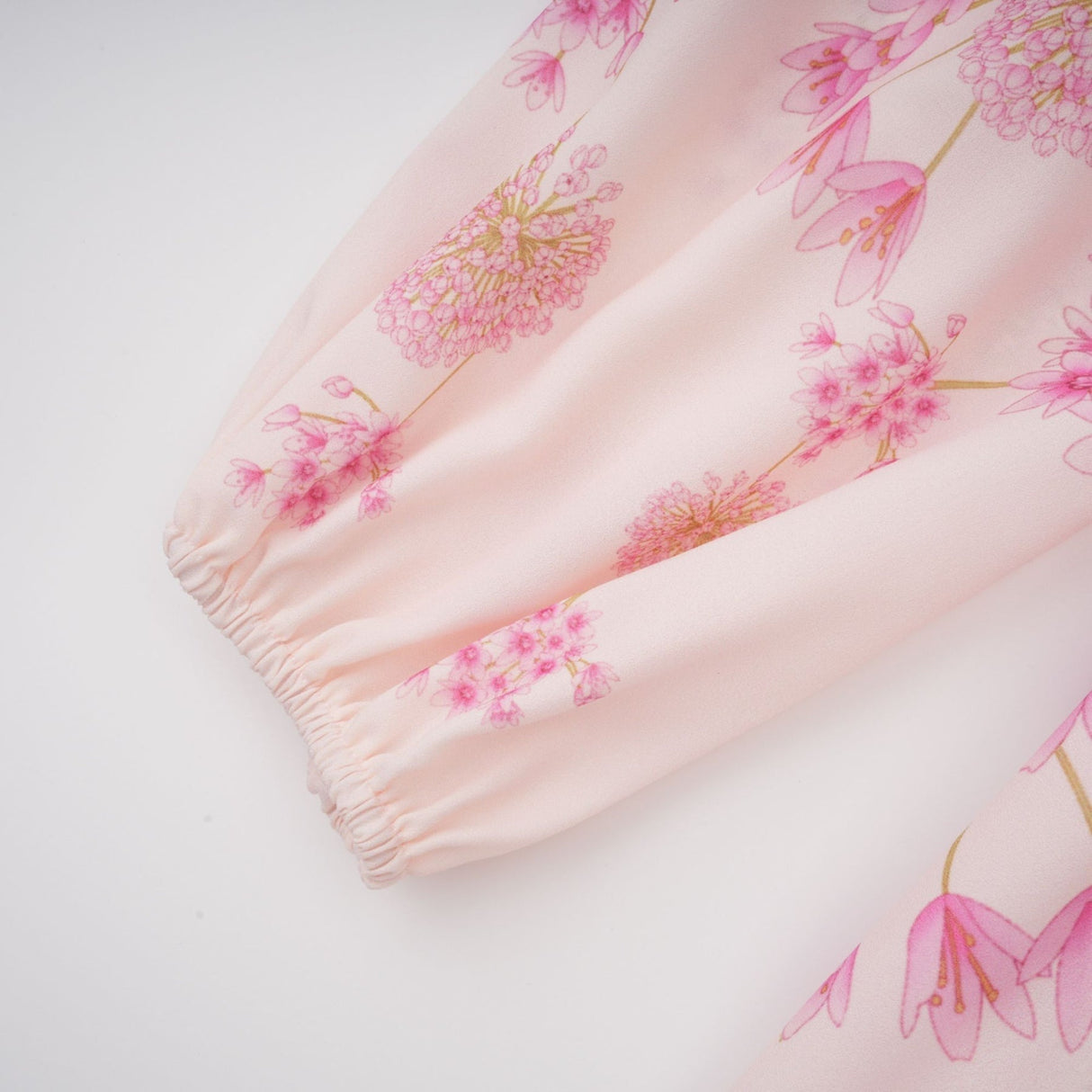 Serenity Floral Midi Dress - Pink Round Neck Long Puff Sleeves Pleated Detail