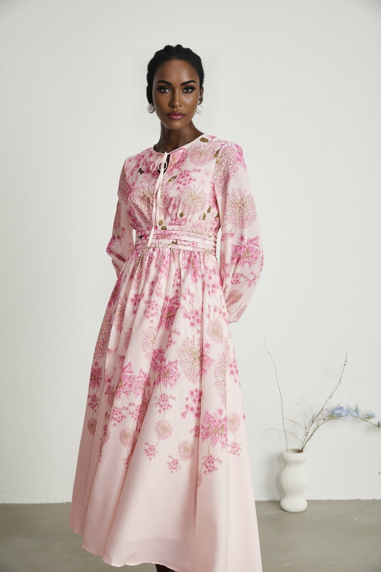 Serenity Floral Midi Dress - Pink Round Neck Long Puff Sleeves Pleated Detail