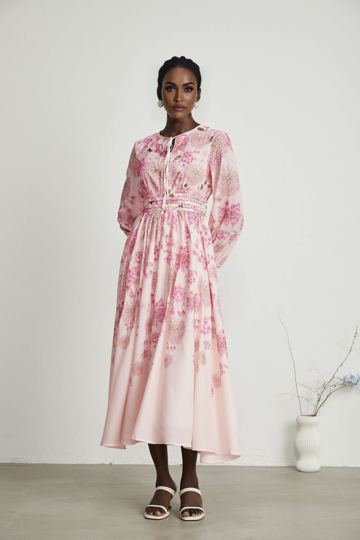 Serenity Floral Midi Dress - Pink Round Neck Long Puff Sleeves Pleated Detail