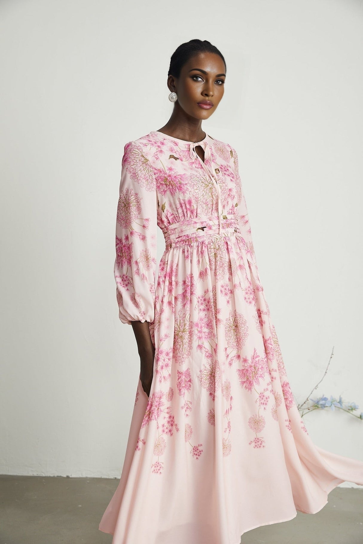 Serenity Floral Midi Dress - Pink Round Neck Long Puff Sleeves Pleated Detail