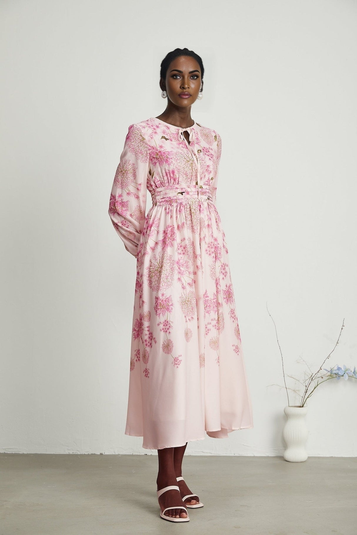 Serenity Floral Midi Dress - Pink Round Neck Long Puff Sleeves Pleated Detail