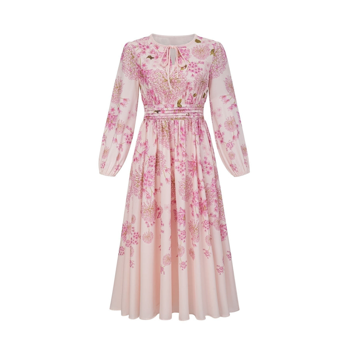 Serenity Floral Midi Dress - Pink Round Neck Long Puff Sleeves Pleated Detail