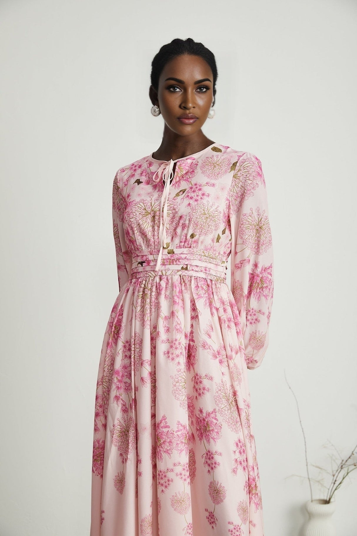 Serenity Floral Midi Dress - Pink Round Neck Long Puff Sleeves Pleated Detail