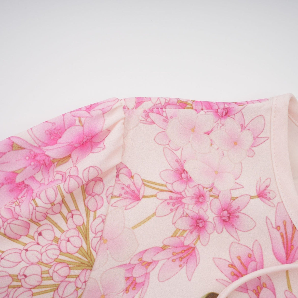 Serenity Floral Midi Dress - Pink Round Neck Long Puff Sleeves Pleated Detail