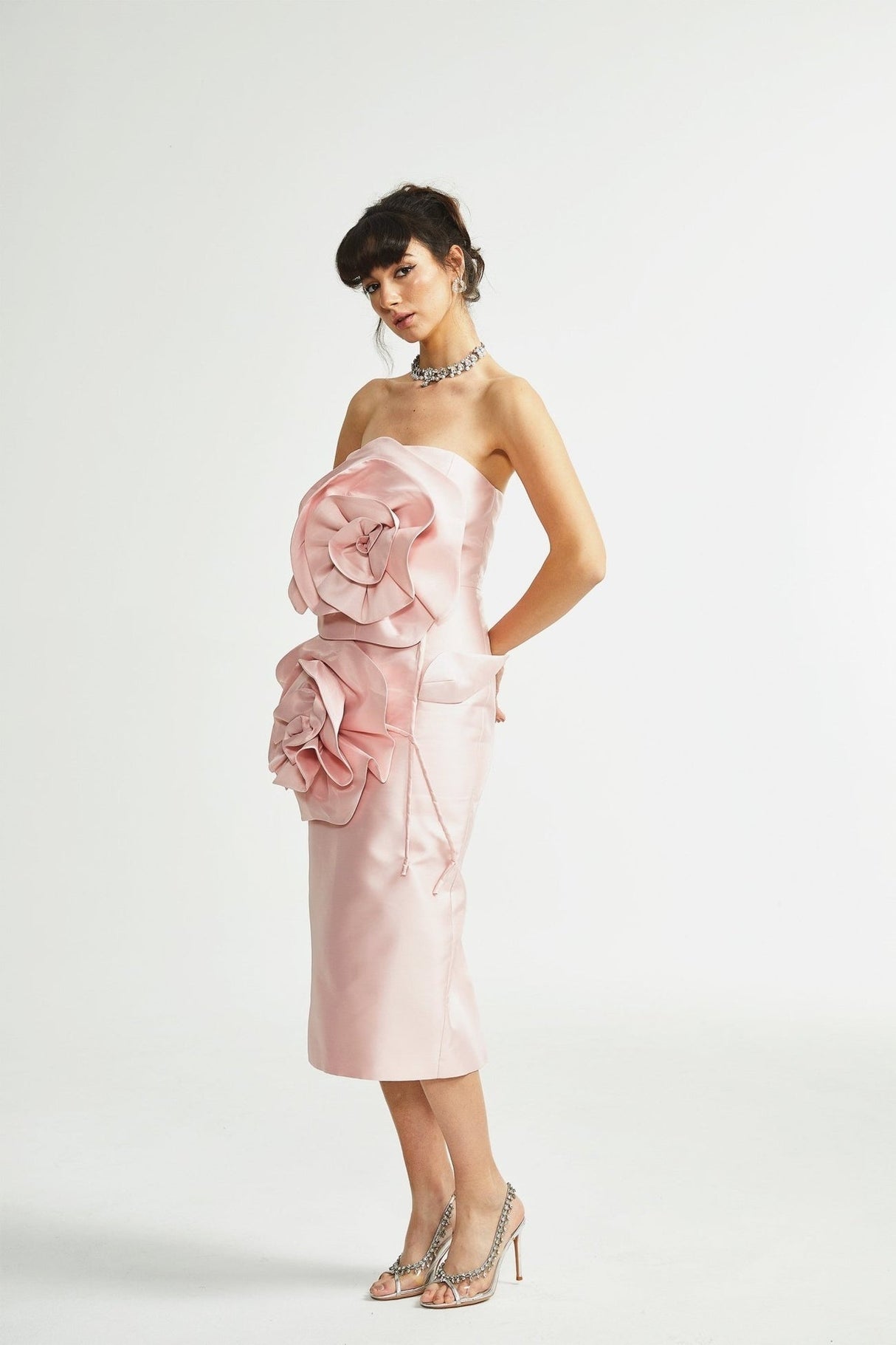 Serenity Midi Dress Pink Faux Flower Off Shoulder Style