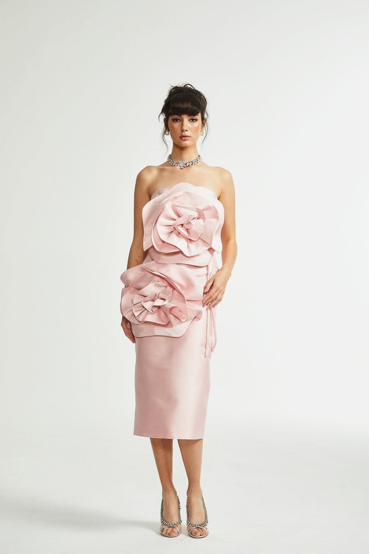 Serenity Midi Dress Pink Faux Flower Off Shoulder Style
