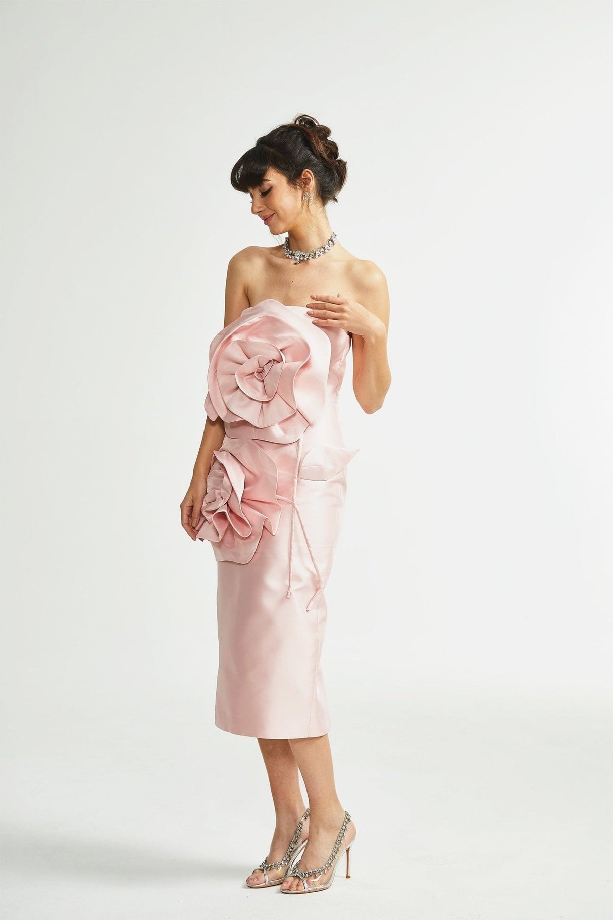 Serenity Midi Dress Pink Faux Flower Off Shoulder Style