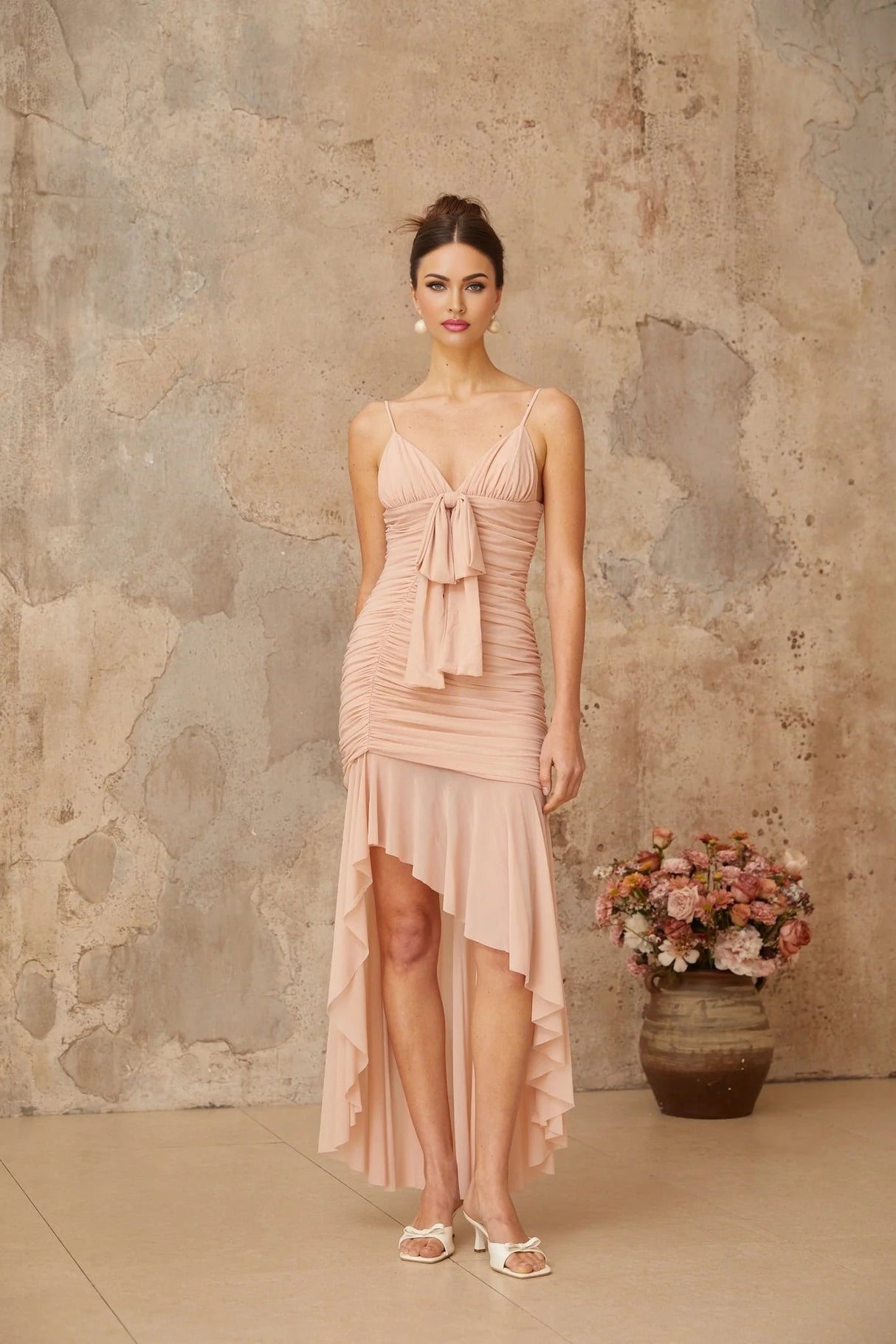 Serenity Midi Dress Pink Ruched Asymmetrical & Shirred Panel
